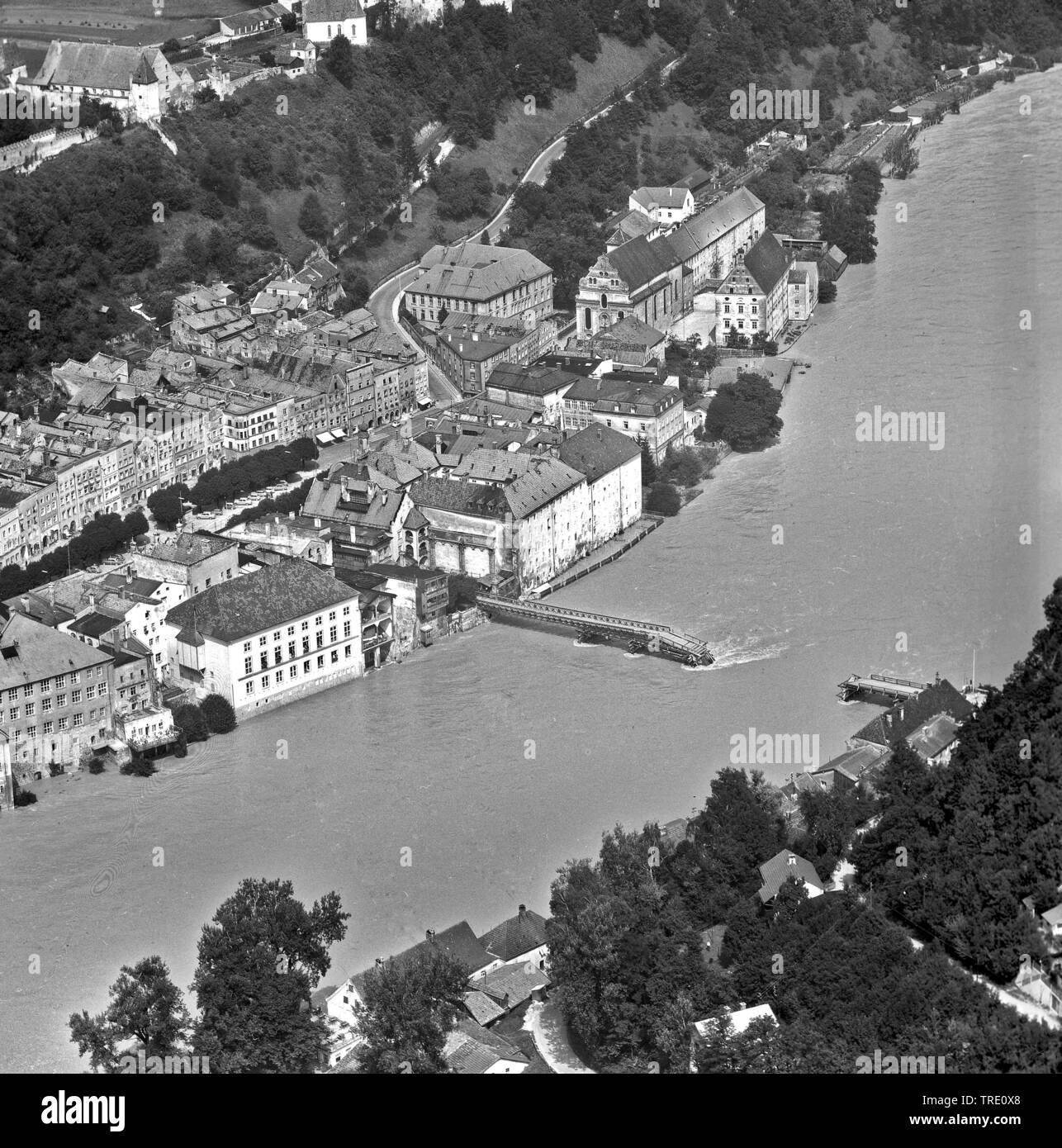 Hochwasser nella zona di Simbach/Inn, ponte distrutto, storico foto aerea a partire dall'anno 1959, in Germania, in Baviera, Burghausen Foto Stock