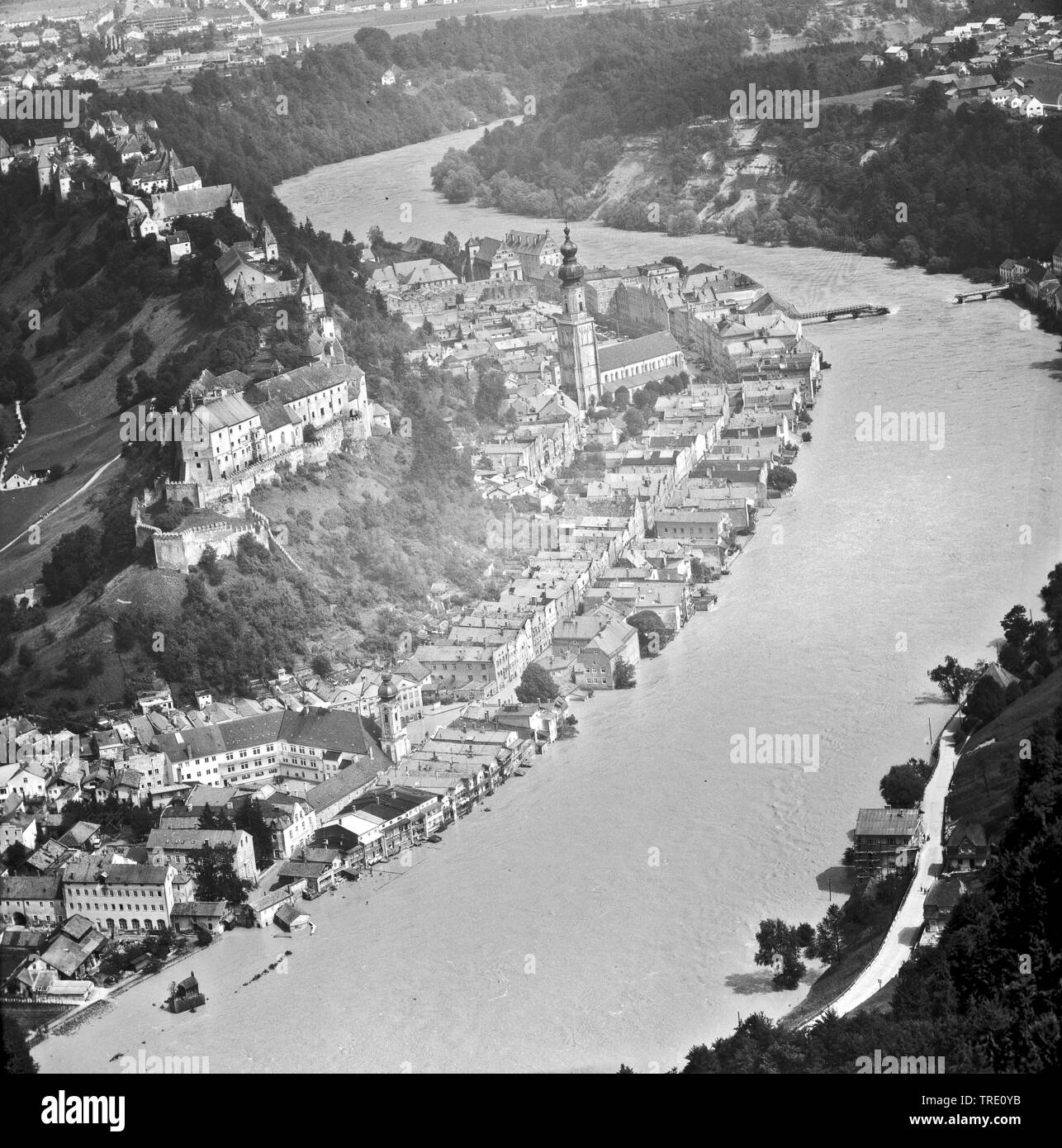 Hochwasser nella zona di Simbach/Inn, storico foto aerea a partire dall'anno 1959, in Germania, in Baviera, Burghausen Foto Stock