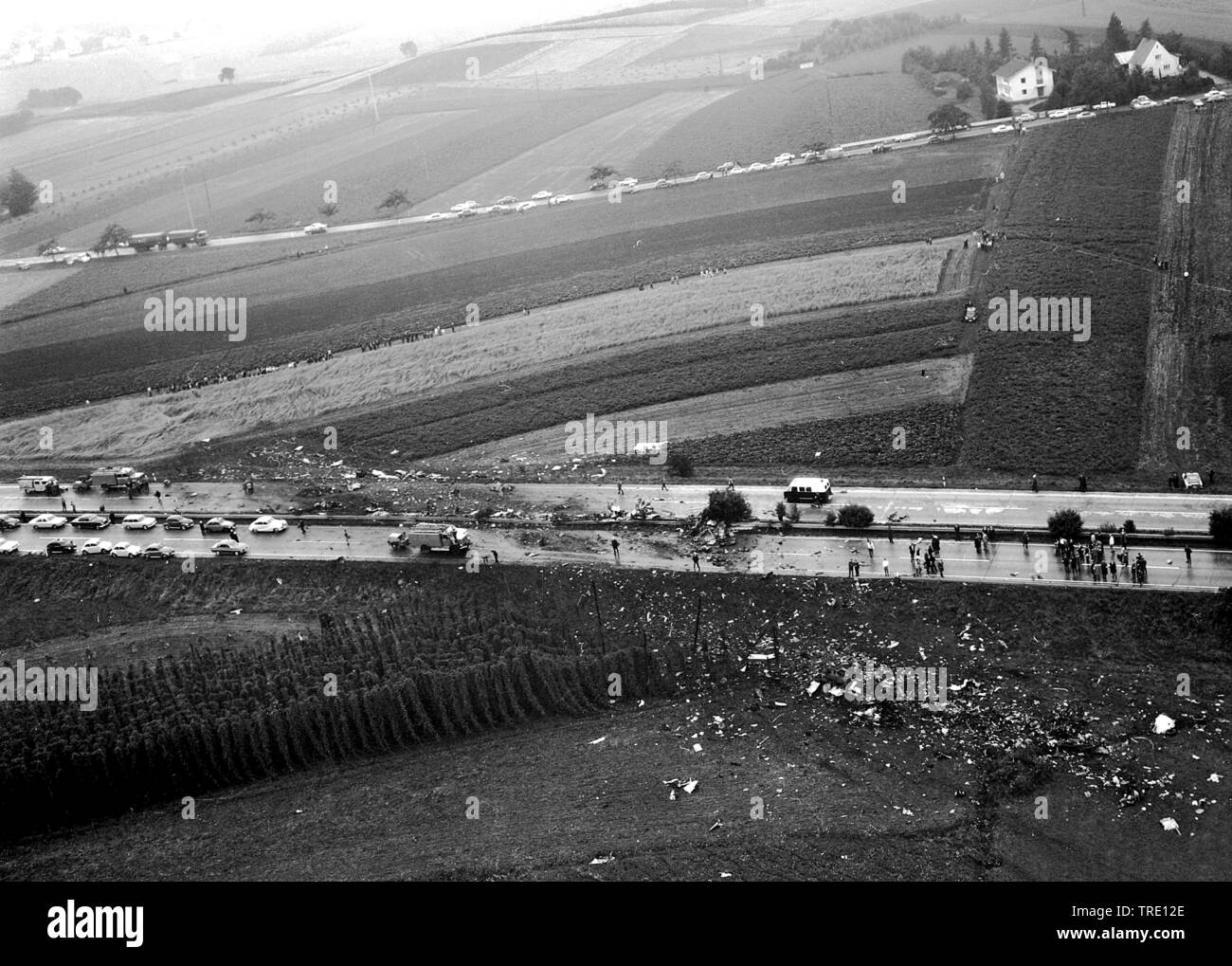 Incidente aereo di un Vickers Viscount di Aquila British Airways internazionali a Langenbruck az autostrada A 9, storico foto aerea, 9.8.1968, in Germania, in Baviera, Oberbayern, Alta Baviera, Langenbruck Foto Stock