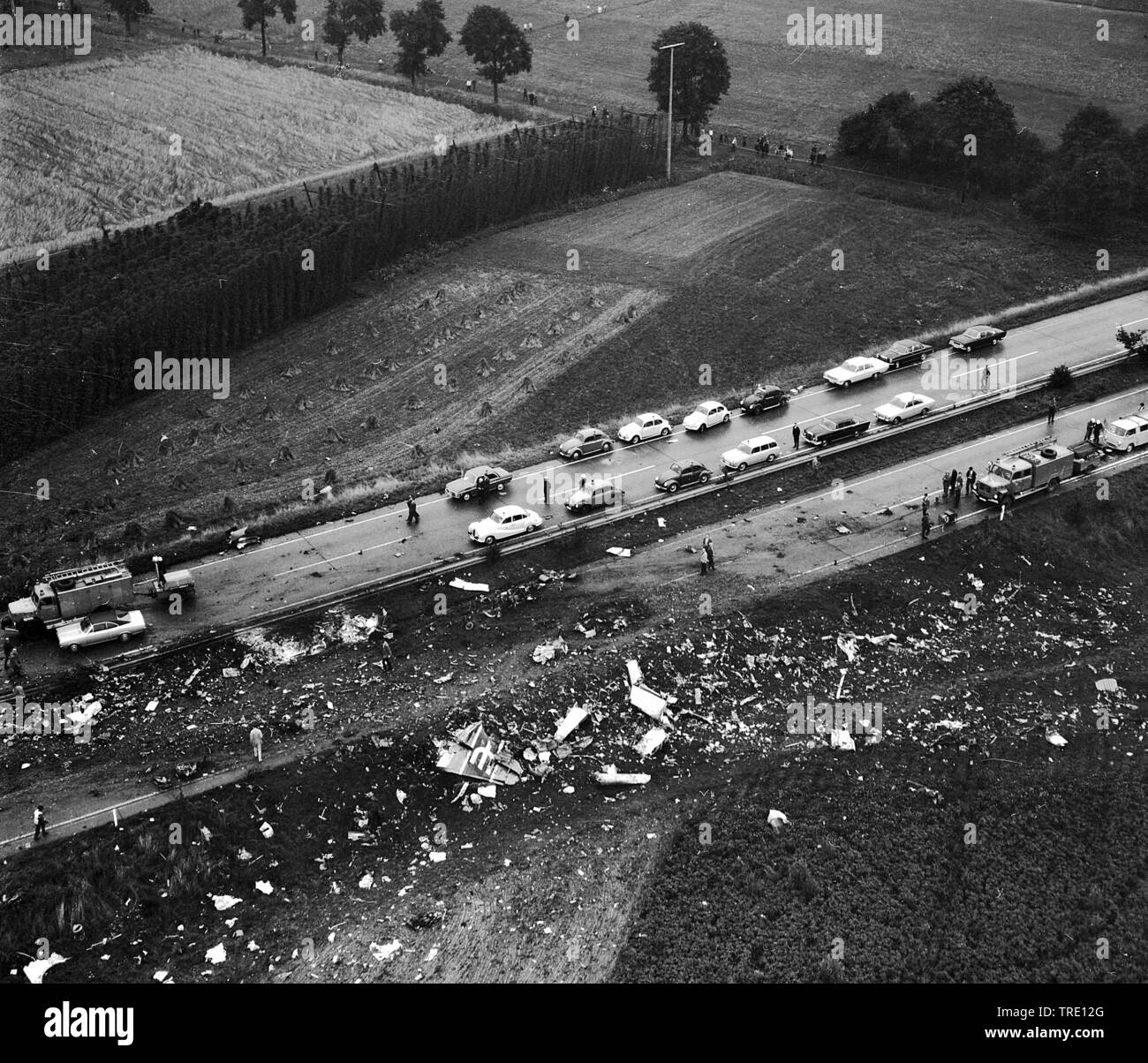 Incidente aereo di un Vickers Viscount di Aquila British Airways internazionali a Langenbruck az autostrada A 9, storico foto aerea, 9.8.1968, in Germania, in Baviera, Oberbayern, Alta Baviera, Langenbruck Foto Stock