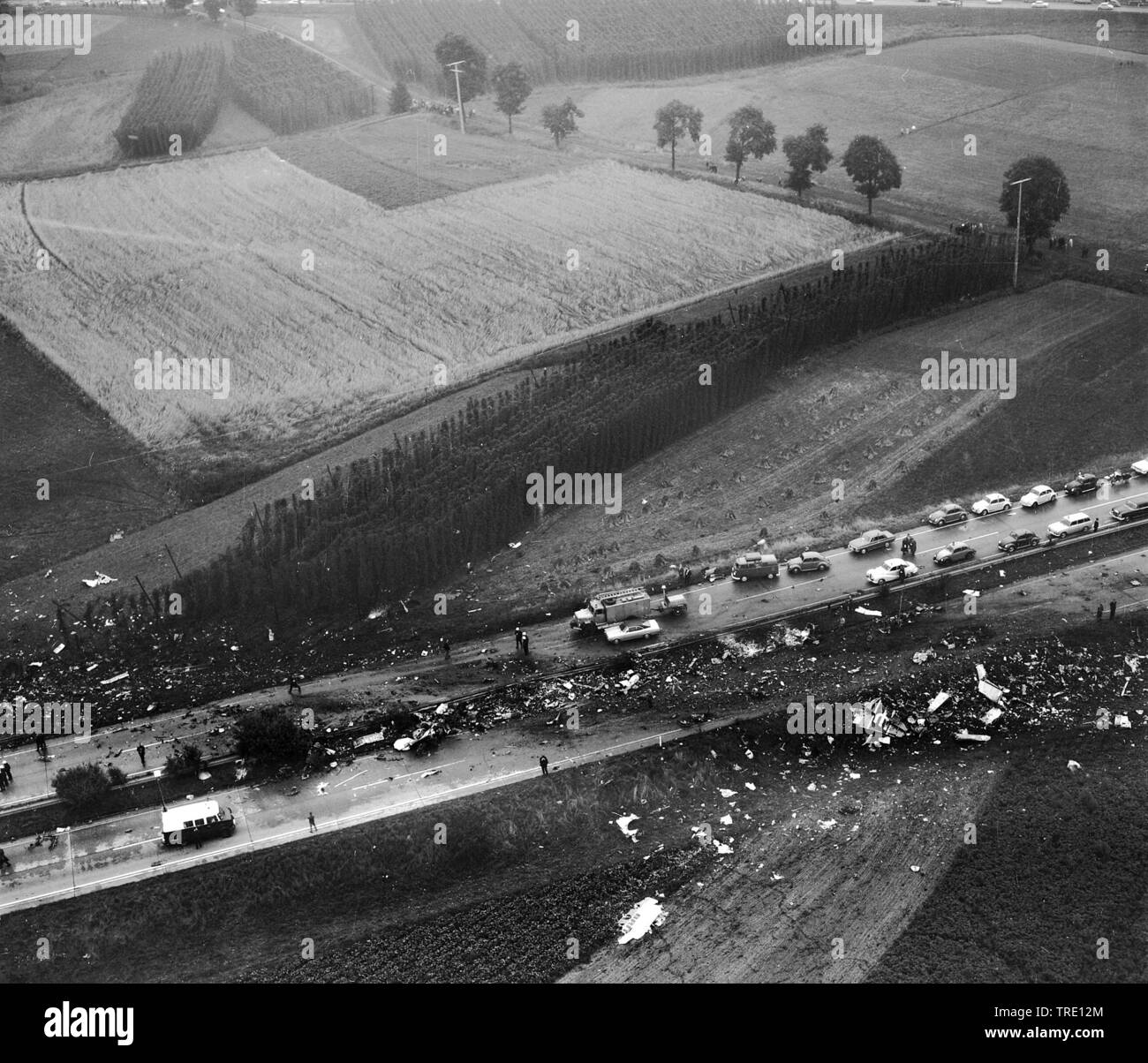 Incidente aereo di un Vickers Viscount di Aquila British Airways internazionali a Langenbruck az autostrada A 9, storico foto aerea, 9.8.1968, in Germania, in Baviera, Oberbayern, Alta Baviera, Langenbruck Foto Stock