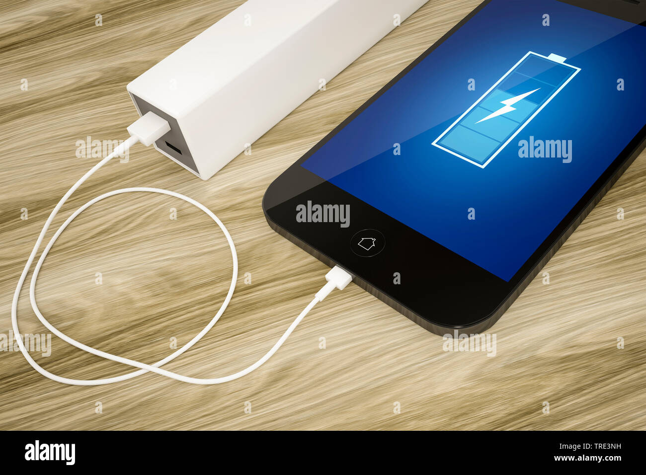 Telefono cellulare caricato da una banca di potenza compreso lo stato di carica della batteria visualizzata sullo schermo a sfioramento Foto Stock