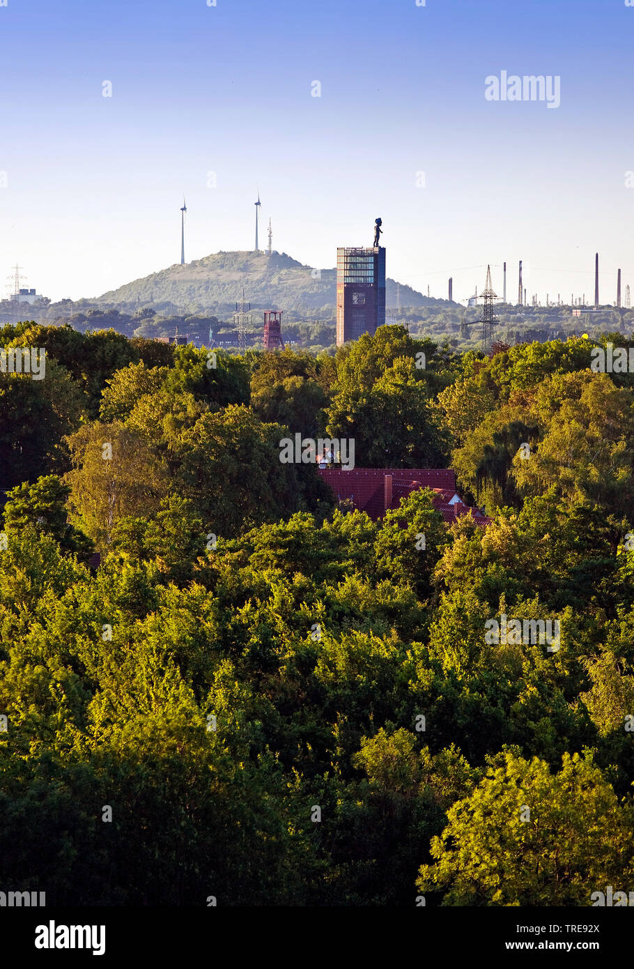 Vista su tutta la verde zona della Ruhr a Nordsternpark le scorte e Scholven, in Germania, in Renania settentrionale-Vestfalia, la zona della Ruhr, Gelsenkirchen Foto Stock