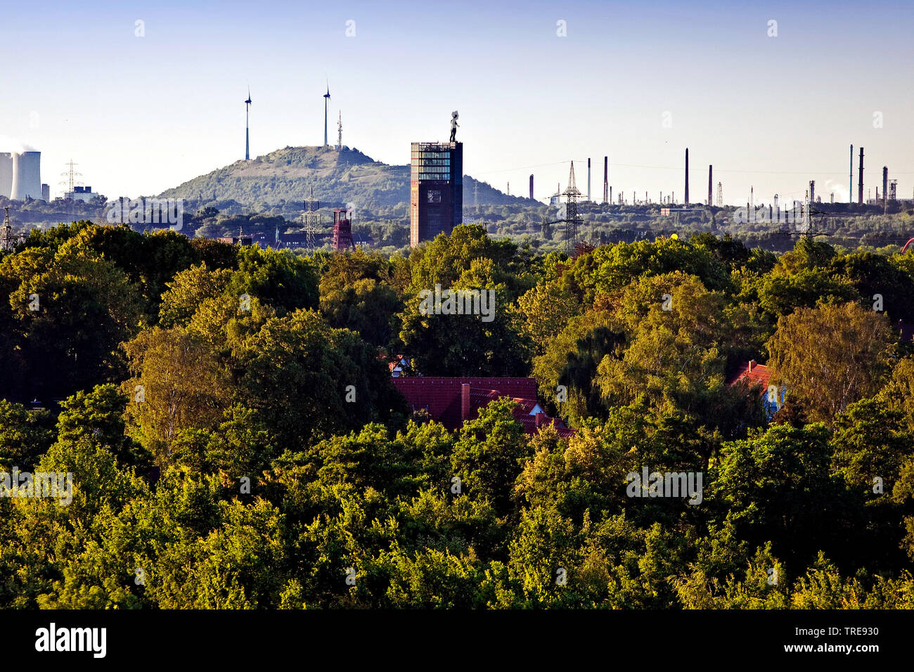 Vista su tutta la verde zona della Ruhr a Nordsternpark le scorte e Scholven, in Germania, in Renania settentrionale-Vestfalia, la zona della Ruhr, Gelsenkirchen Foto Stock