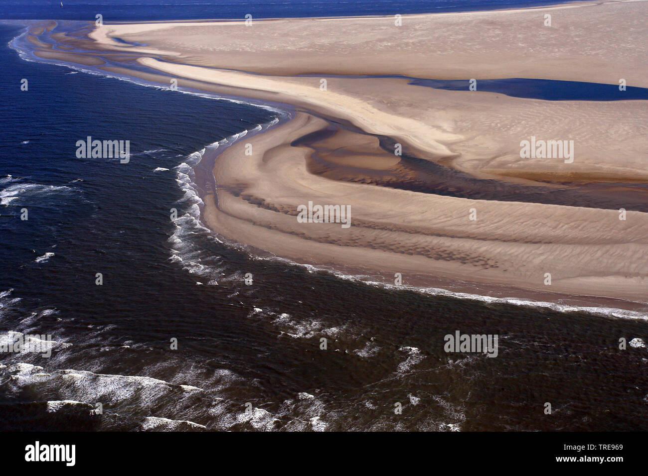 De Razende Bol è molto dinamico il paesaggio costiero con differenze di marea., Paesi Bassi, Texel Foto Stock