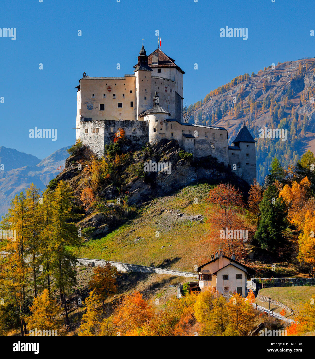 Il castello di Tarasp, Svizzera, Grigioni, Engadina, in Engadina Foto Stock