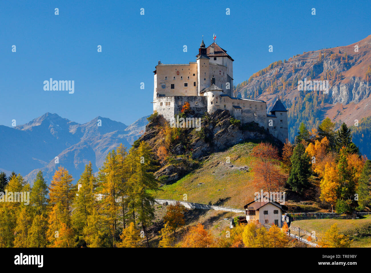 Il castello di Tarasp, Svizzera, Grigioni, in Engadina Foto Stock