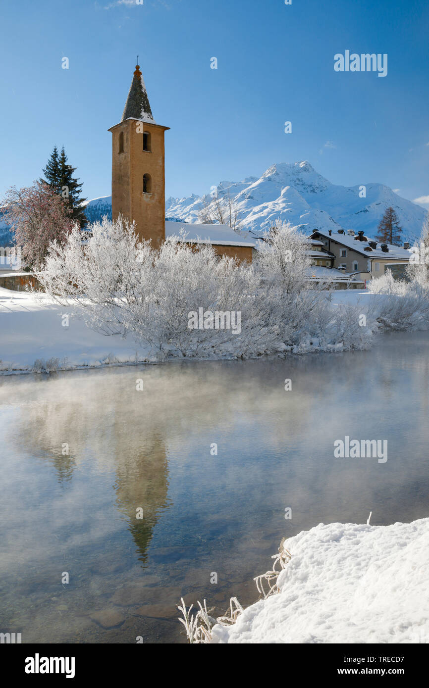 St. Lorenz Chiesa di Sils, Svizzera, Grigioni, Oberengadin Foto Stock
