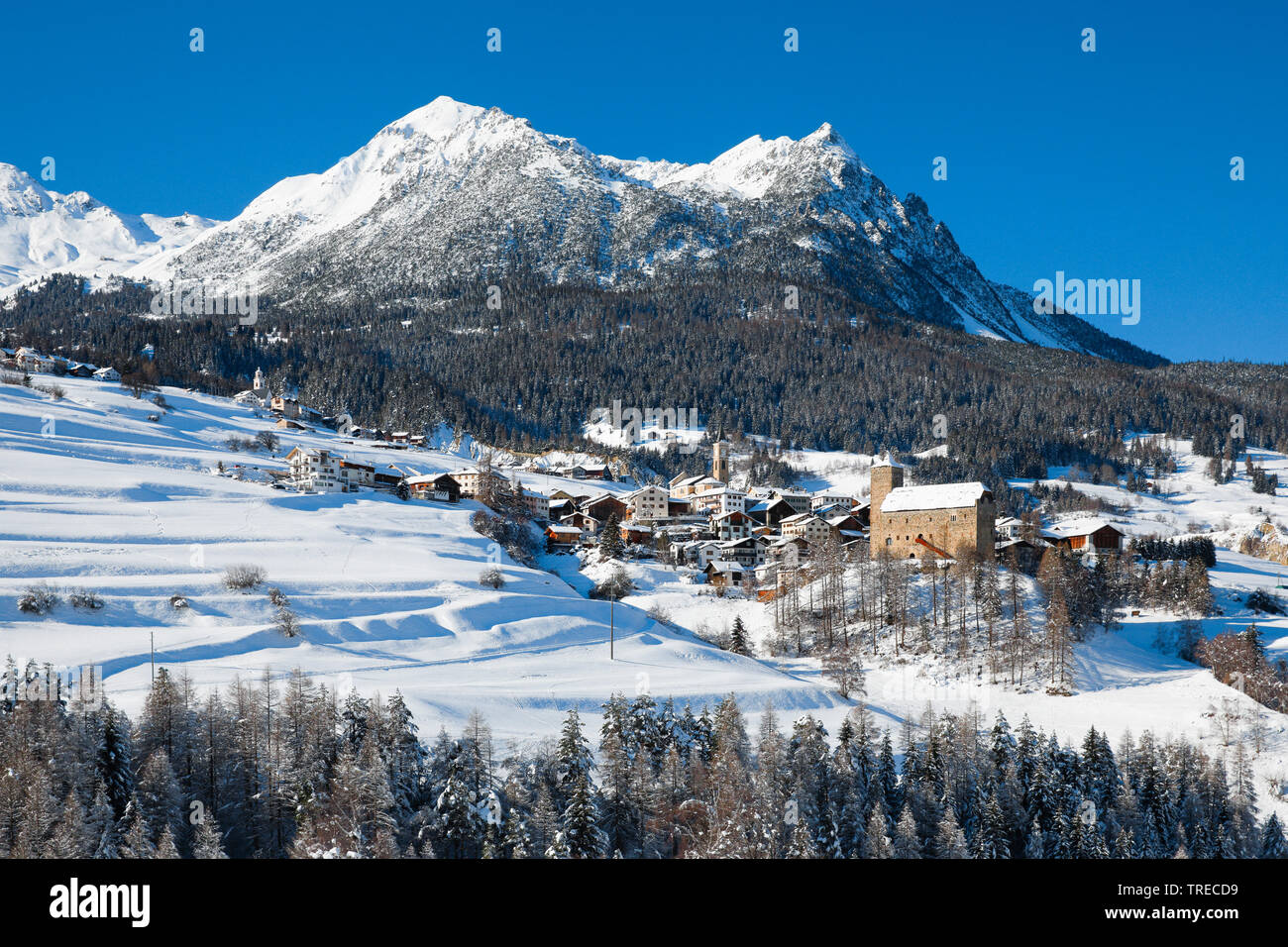 Riom con castello Raetia Ampla, Svizzera Foto Stock
