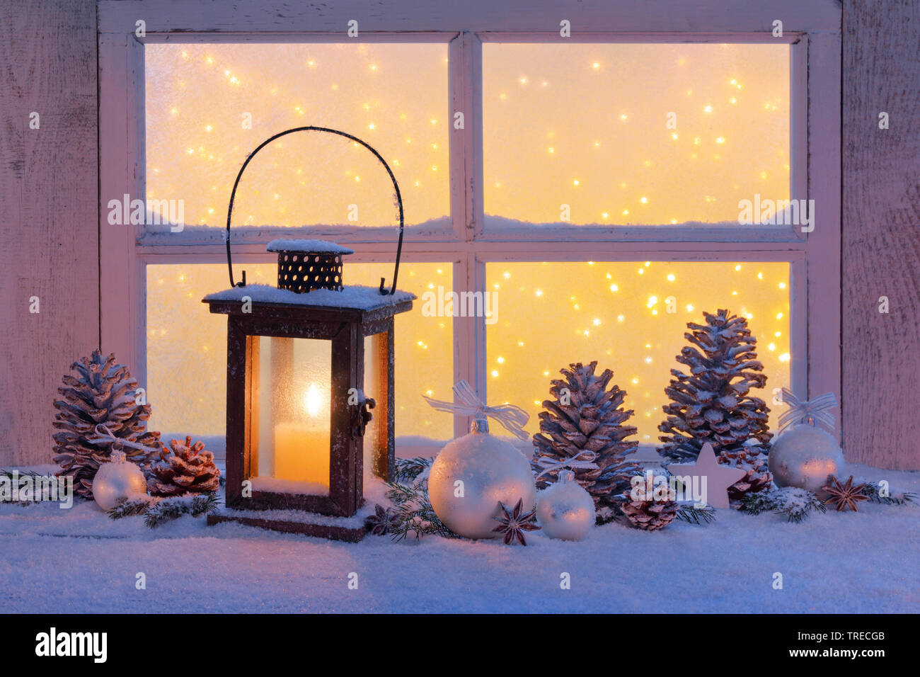 Lanterna con decorazione di Natale su una battuta, Svizzera Foto Stock