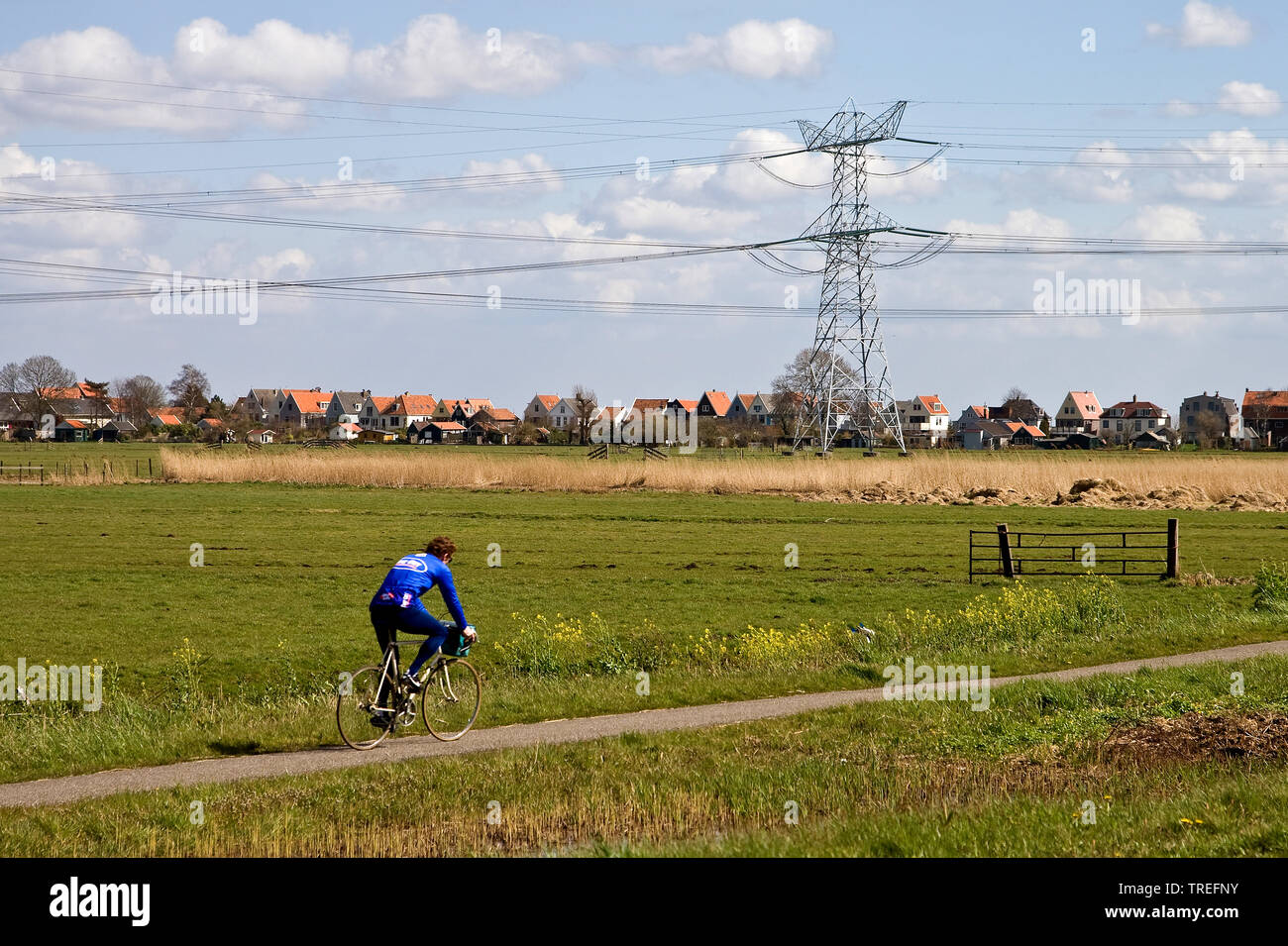 Paesaggio di polder con energia elettrica montante e il ciclista, Paesi Bassi, Paesi Bassi del Nord, Durgerdam Foto Stock