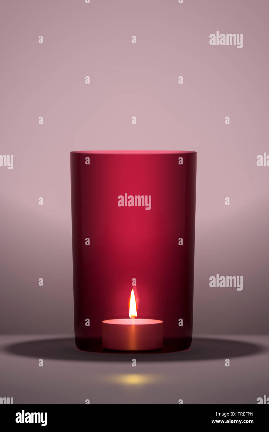 La computer grafica 3D, single burning tè luce in un vetro rosso Foto Stock