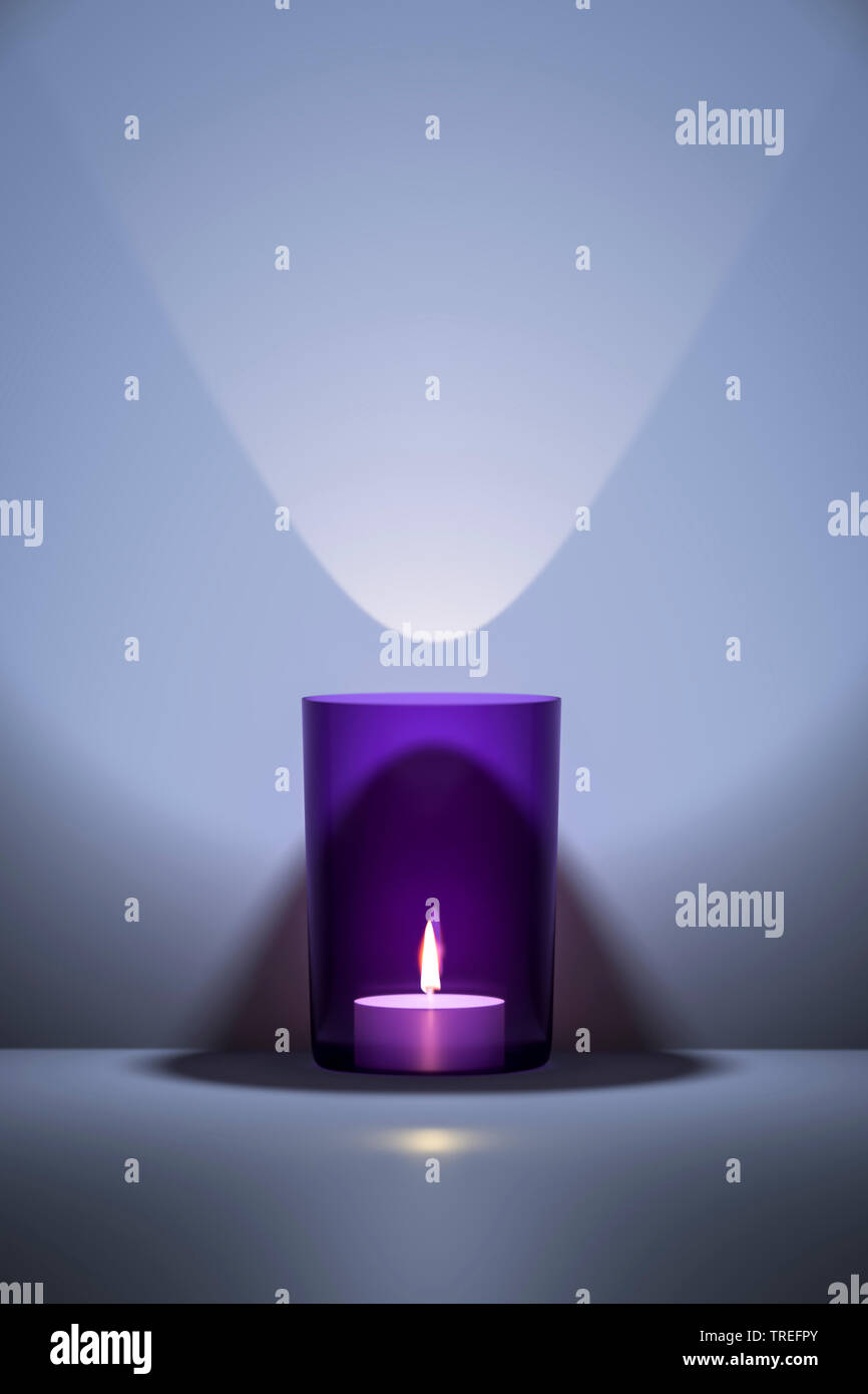 La computer grafica 3D, single burning tè luce in un vetro di colore viola Foto Stock