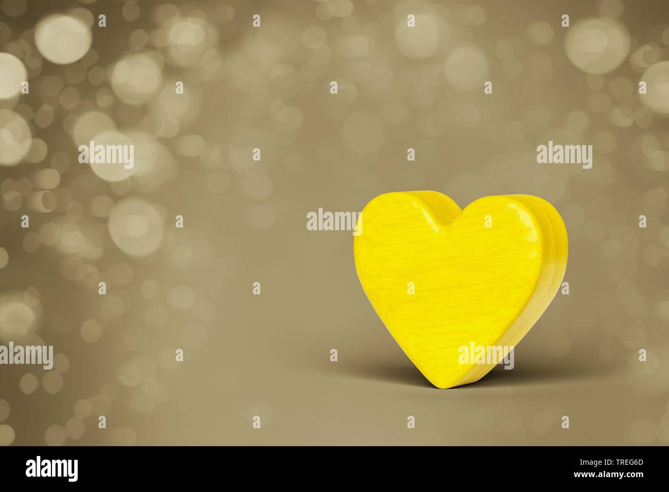 La computer grafica 3D, cuore giallo fuori di legno contro sfondo marrone Foto Stock