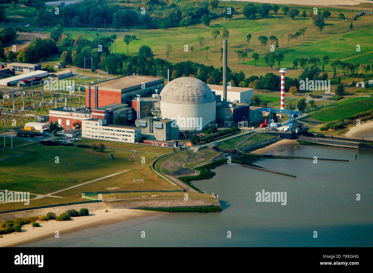 Centrale nucleare di Stade al fiume Elba, fotografia aerea, Germania, Bassa Sassonia Foto Stock