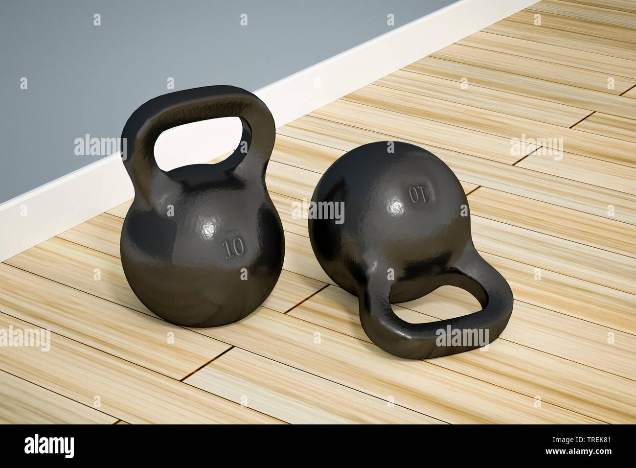 La computer grafica 3D, due kettlebells nero contro lo sfondo grigio Foto Stock
