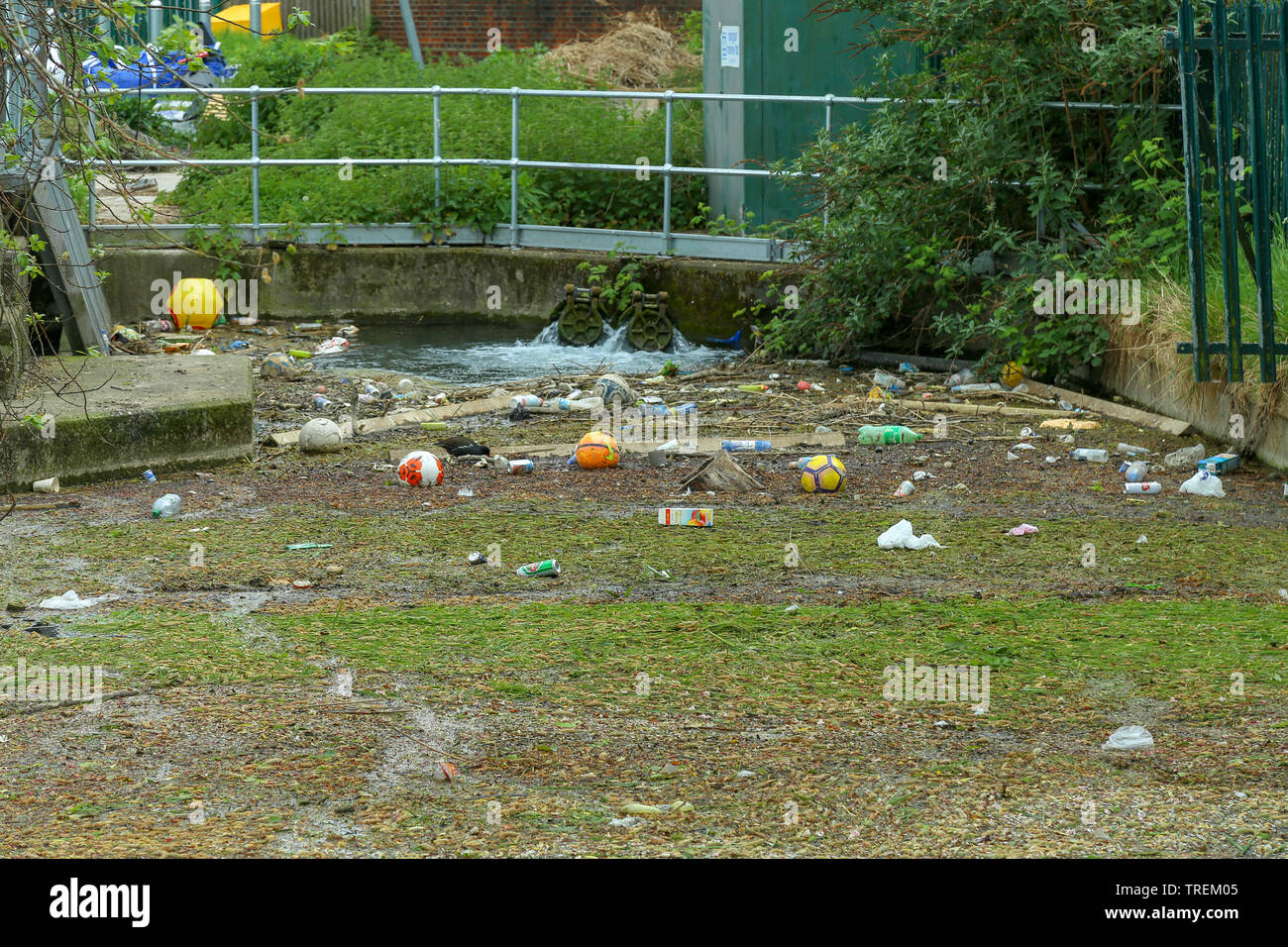 Diversi tipi di rifiuti galleggianti in un canale. Woodberry Down, Stokenewington. Londra, Regno Unito. Foto Stock