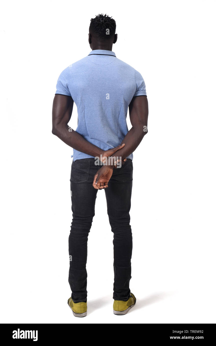 Vista posteriore del uomo africano mani sul retro su sfondo bianco Foto Stock