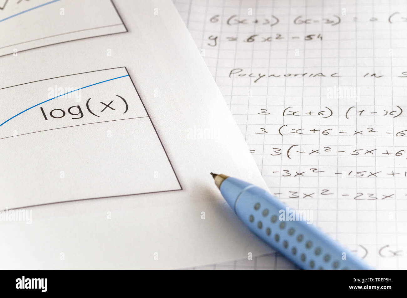 Chiudere la vista di un foglio di carta con un grafico logaritmico e un notebook aperto con manoscritta di equazioni matematiche Foto Stock