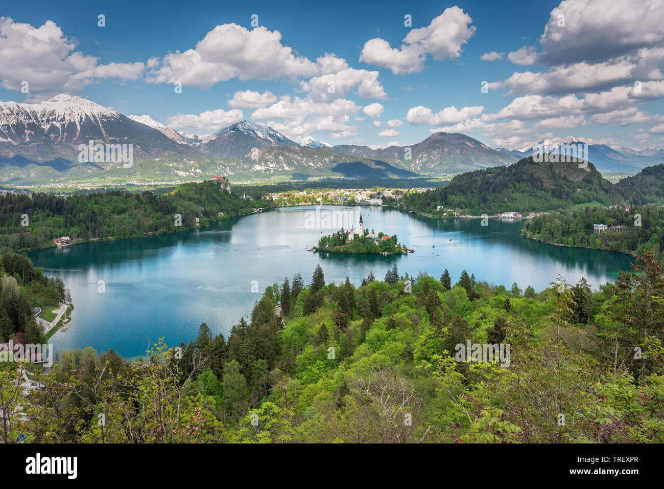 Il lago di Bled e sulle Alpi Giulie vista da Ojstrica, Slovenia. Colori di Primavera di alberi verdi e distanf Alpi coperte di neve. Una vista maestosa di assunzione o Foto Stock