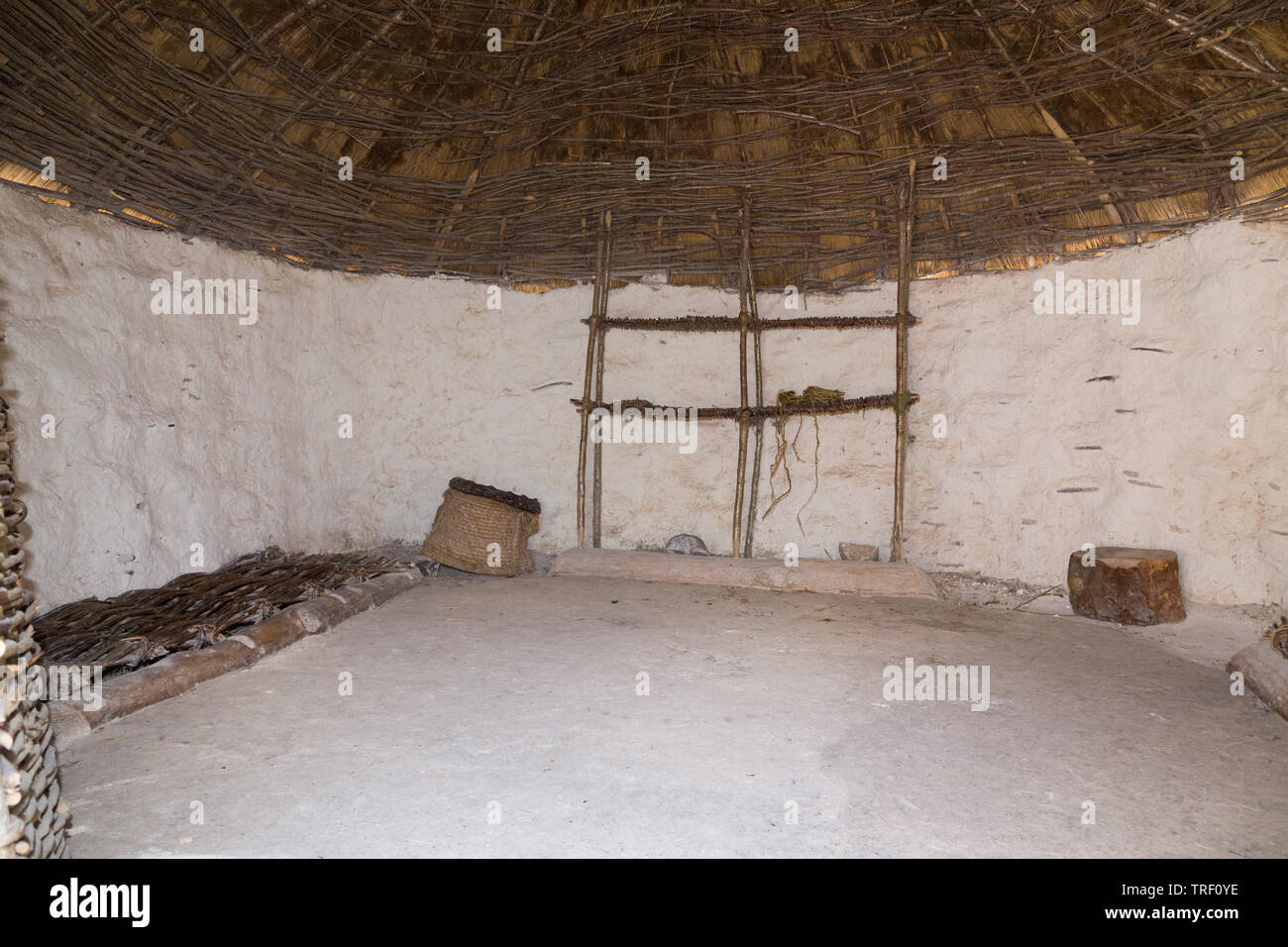 Interno con tetto di paglia all'interno del soffitto di un ricreato il neolitico Età della pietra hut / stoneage capanne. Esposizione; Visitor Center Stonehenge / Stone henge. Regno Unito (109) Foto Stock