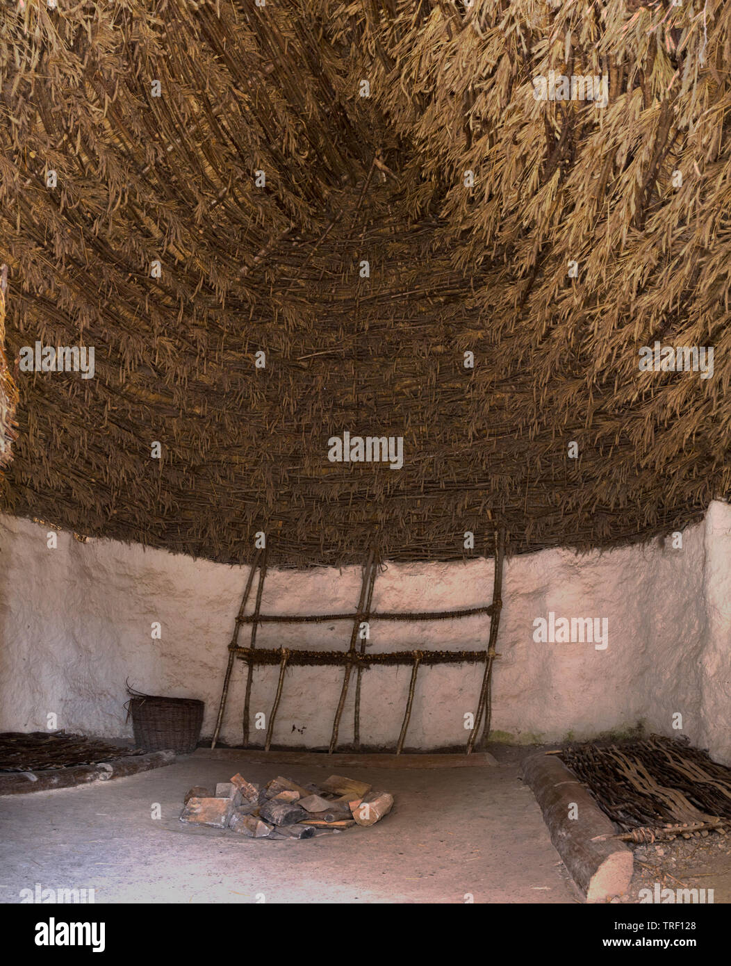 Interno con tetto di paglia all'interno del soffitto di un ricreato il neolitico Età della pietra hut / stoneage capanne. Esposizione; Visitor Center Stonehenge / Stone henge. Regno Unito (109) Foto Stock