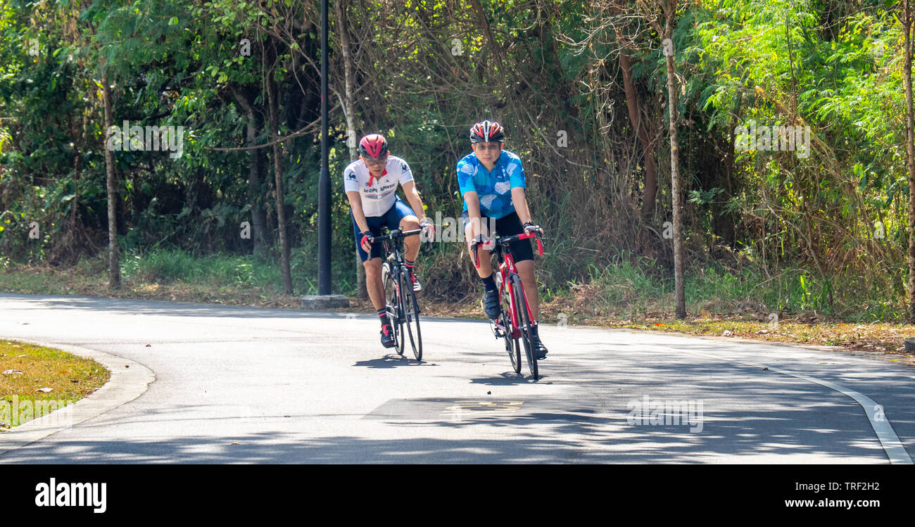 I ciclisti in sella le loro biciclette su una strada lungo la East Coast Park di Singapore. Foto Stock