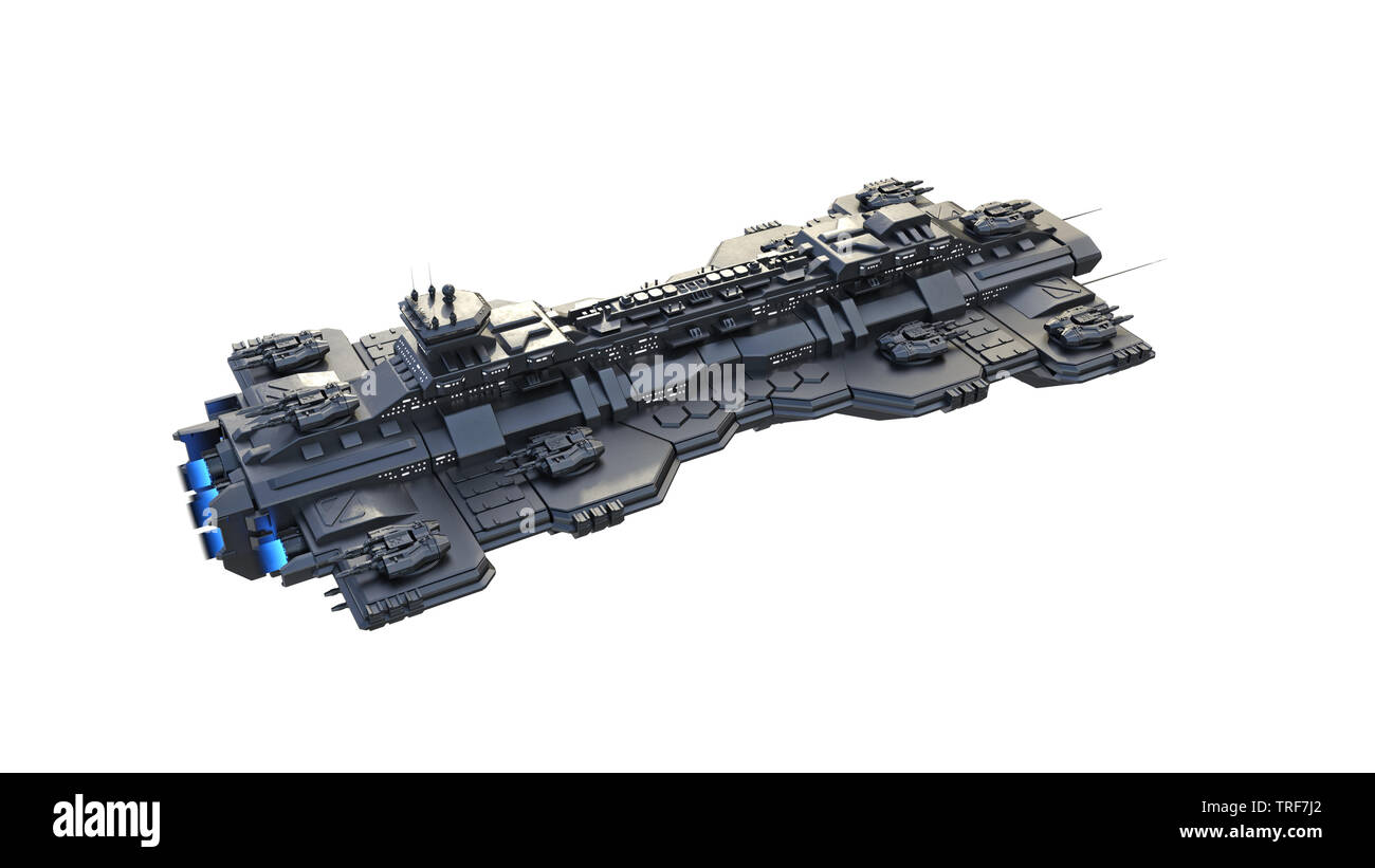 Astronave battenti, alien UFO navicella spaziale in volo isolati su sfondo bianco, vista dall'alto, rendering 3D Foto Stock