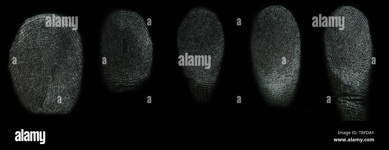 Impostare reali di impronte digitali isolati su sfondo nero Foto Stock