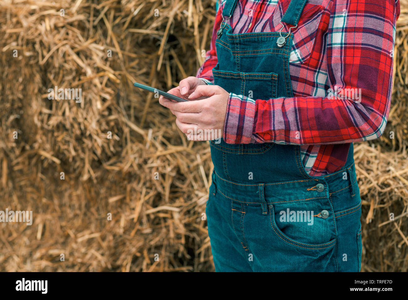 L'agricoltore femmina la digitazione di un messaggio sms sul cellulare di fronte al casale pagliaio, close up delle mani Foto Stock