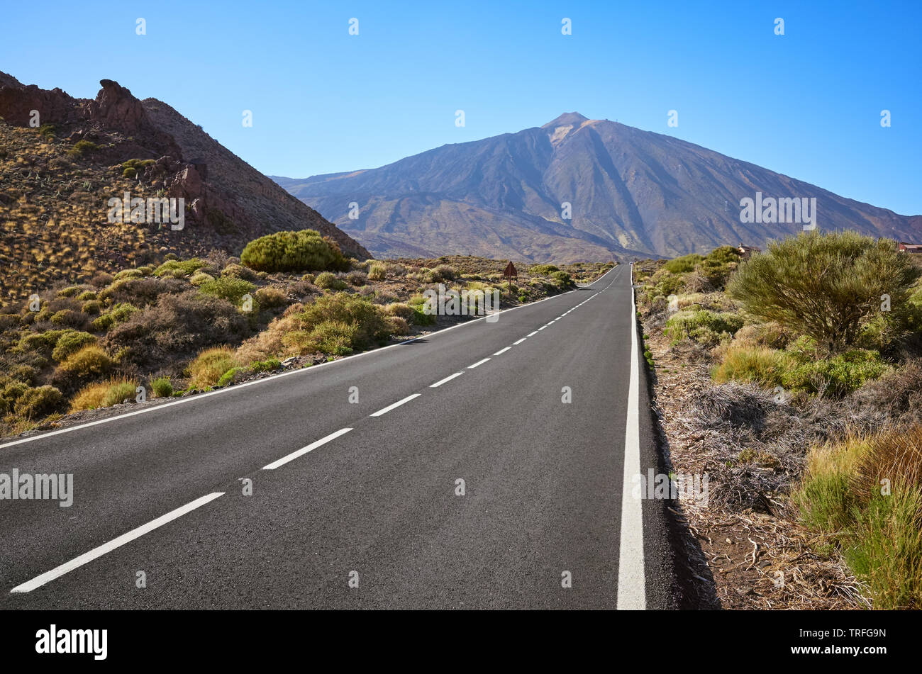 Strada panoramica con il monte Teide in background, Parco Nazionale di Teide Tenerife, Spagna. Foto Stock