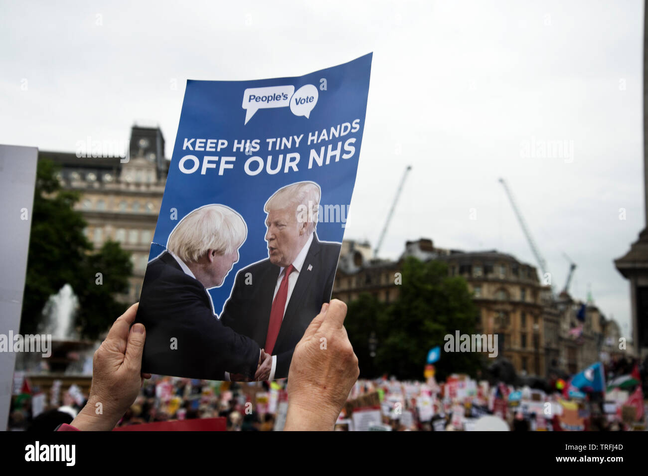 La protesta contro la visita di Stato del Presidente Trump in Trafalgar Square a Londra il 4 giugno 2019. Un manifestante detiene una targhetta dicendo "tenere il suo piccolo Han Foto Stock
