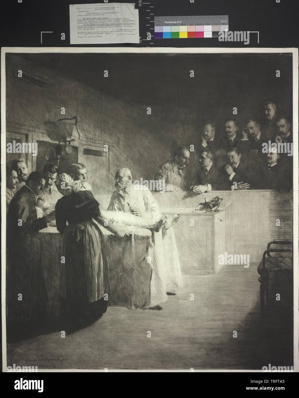 Chrobak, Rudolf +1910, Chrobak con il suo studente presso un'operazione (chirurgia riunione) negli anni 1908. incisione originale da Ferdinand Schmutzer, Additional-Rights-Clearance-Info-Not-Available Foto Stock