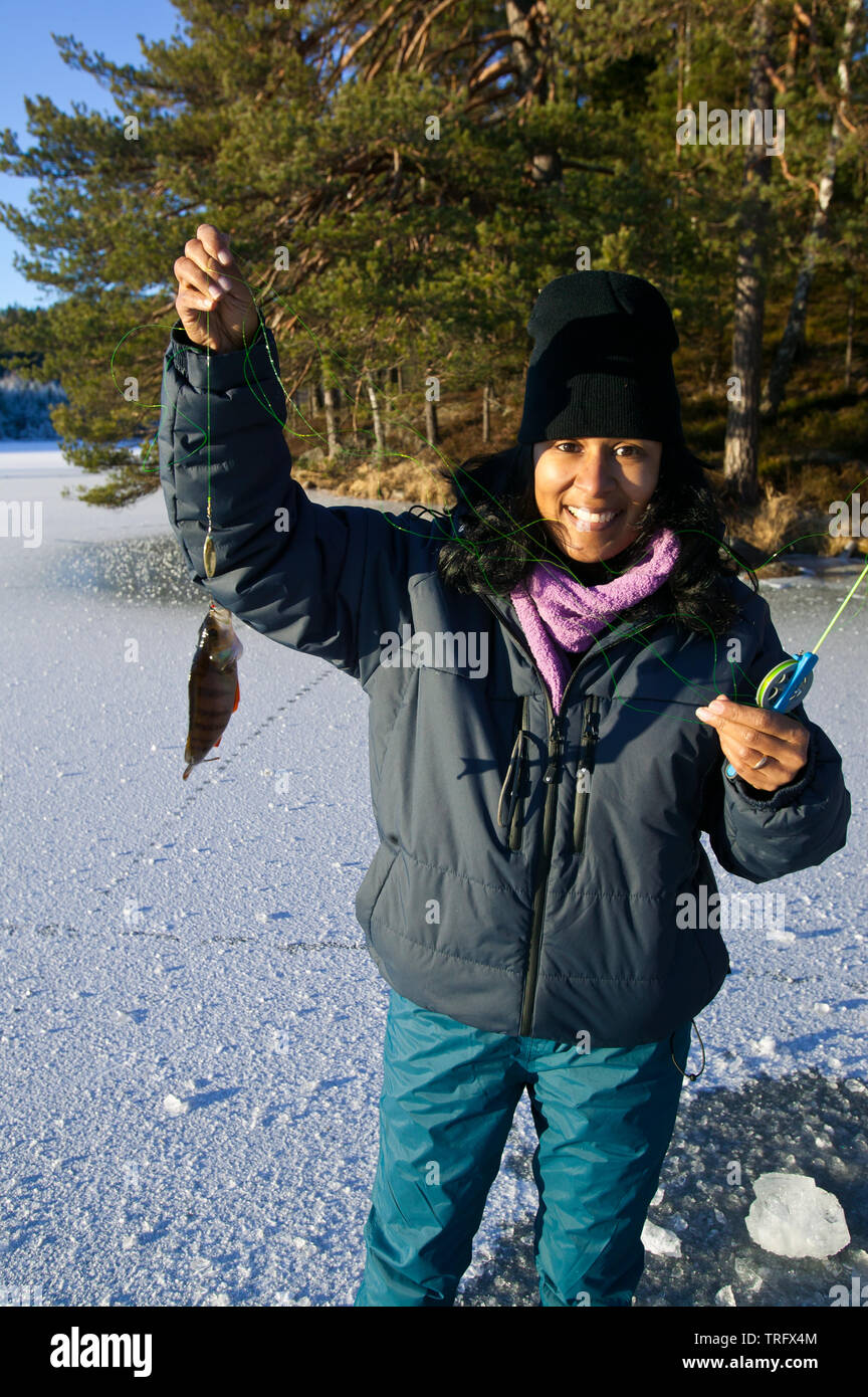 Zizza Gordon è la pesca comune di Persico, Perca fluviatilis, attraverso un buco nel ghiaccio sul lago Ravnsjø, Våler kommune, Østfold, Norvegia. Il lago è una parte dell'acqua sistema chiamato Morsavassdraget. Gennaio, 2009. Foto Stock