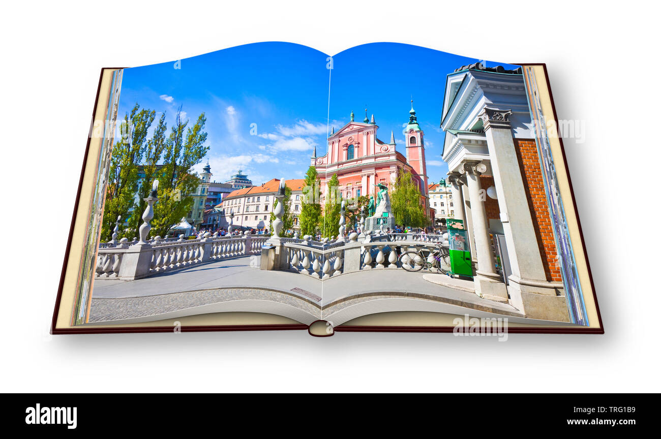 Il famoso 'Ponte triplo' su Lubiana (Slovenia - Europa) - Le persone non sono riconoscibili. 3D render di un aperto photo book isolato su bianco - sto t Foto Stock