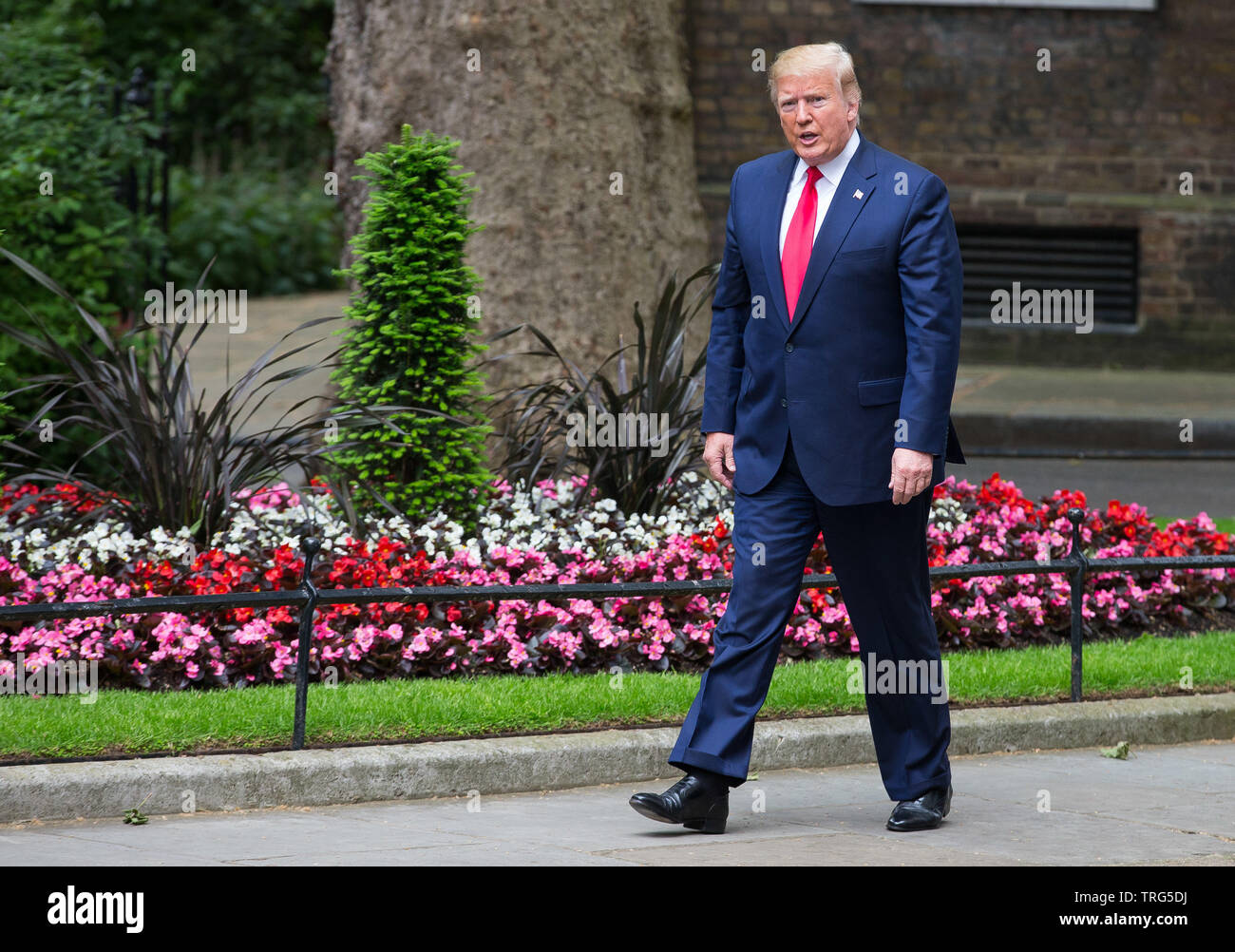 Presidente Donald Trump e sua moglie Melania sono accolti al di fuori del numero 10 dal primo ministro Theresa Maggio e suo marito Filippo a Downing Street, West Foto Stock