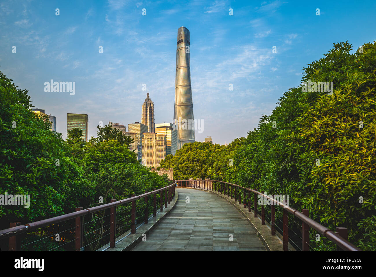 Skyline della citta' di Shanghai e un percorso di legno Foto Stock