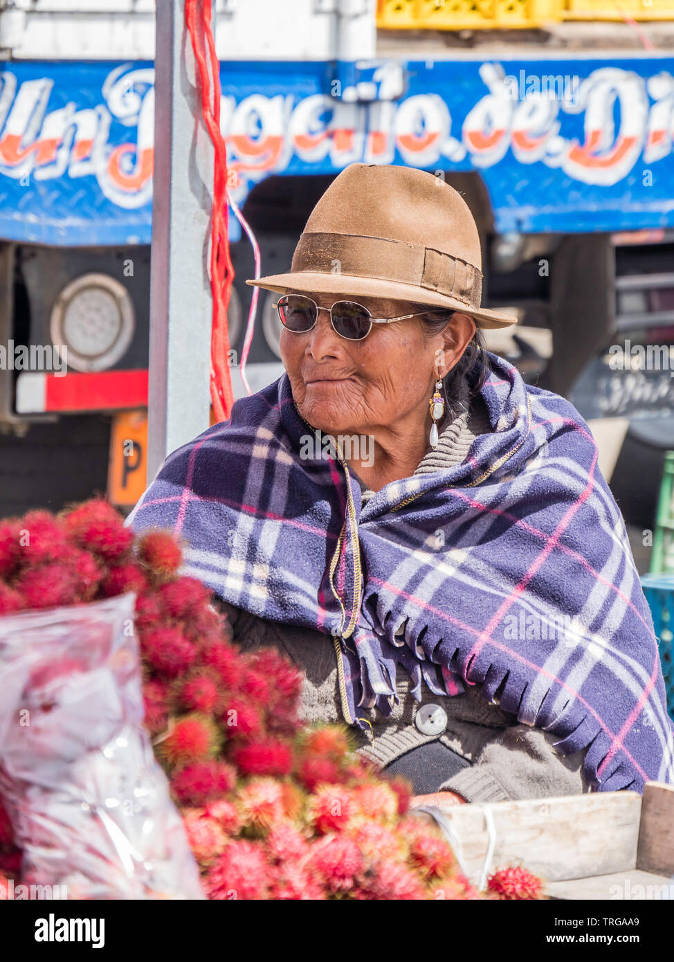 Saquisili, Ecuador - 2 Maggio 2019 - lady indigeni la vendita nel mercato di Saquisili nella regione di Cotopaxi dell Ecuador, Sud America Foto Stock