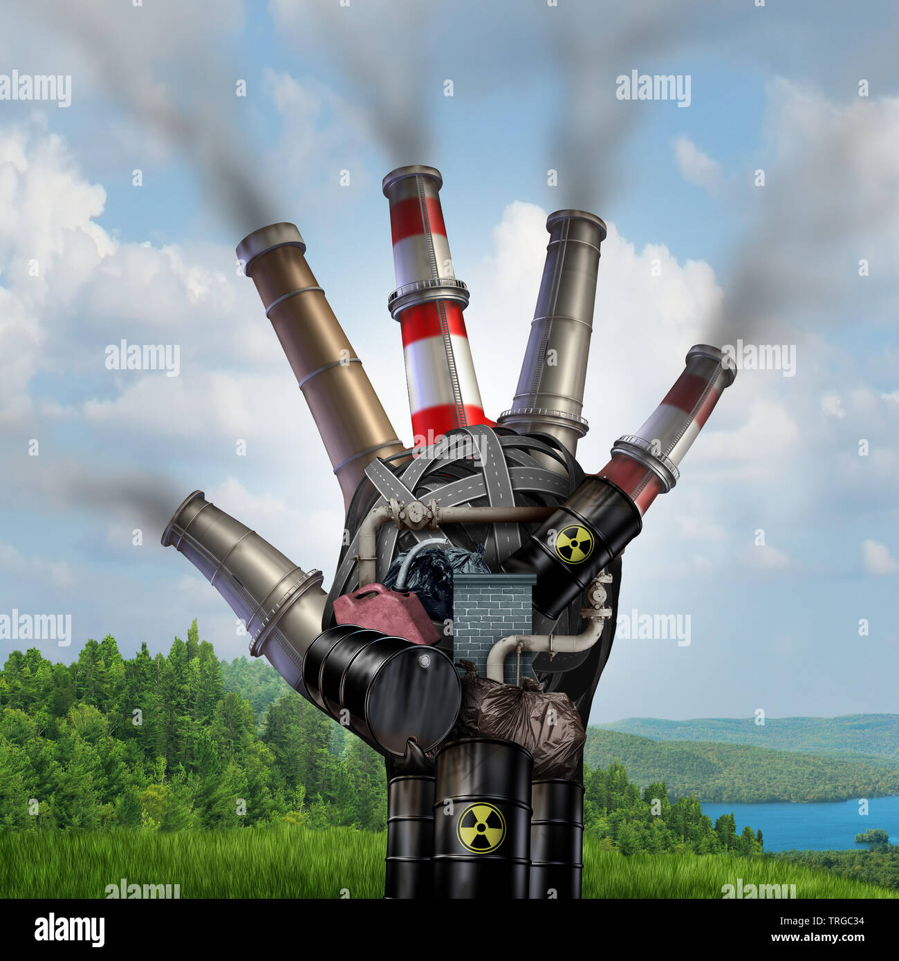 Il pericolo del cambiamento climatico e delle condizioni meteorologiche estreme concetto con un inquinamento industriale sporco mano distruggendo il fragile verde paesaggio naturale. Foto Stock