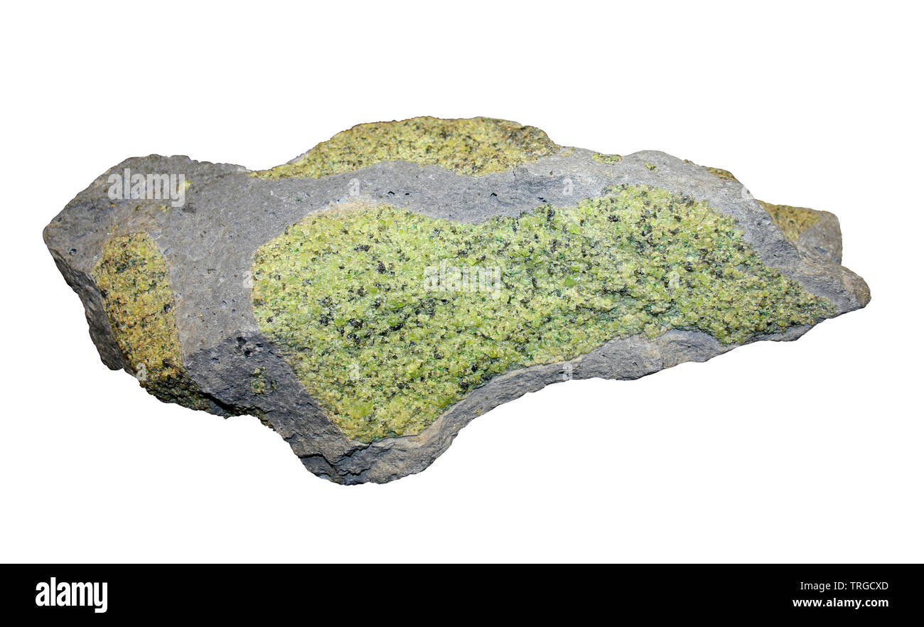 Peridoto verde con olivina nella matrice di basalto, da una bomba vulcanica, Arizona, Stati Uniti d'America Foto Stock