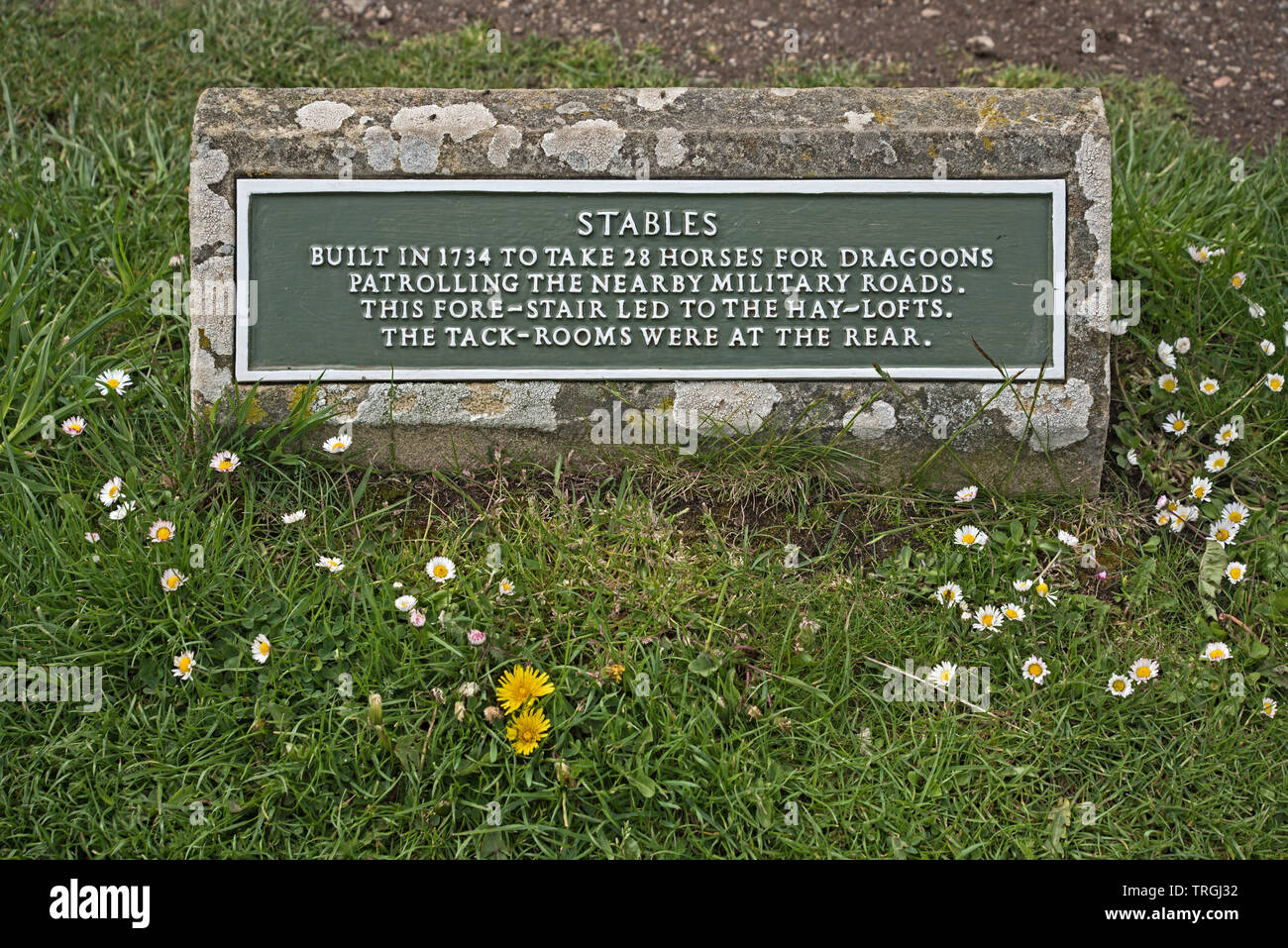 Informazioni piastra alla Caserma Ruthven, ora un rudere, possedute da Historic Scotland, vicino a Kingussie in Cairngorms National Park, Scotland, Regno Unito Foto Stock