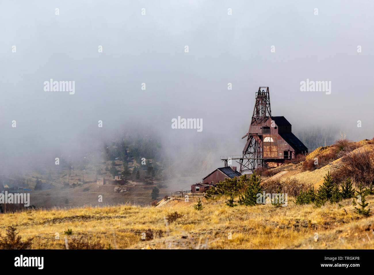 Miniere e alberi creano i fantasmi di figure in miniera abbandonata paese vicino a Cripple Creek Colorado Foto Stock