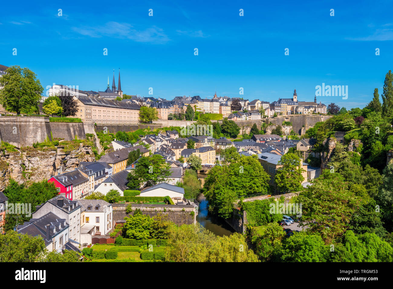 Angolo alto vista sul centro storico della città di Lussemburgo Foto Stock