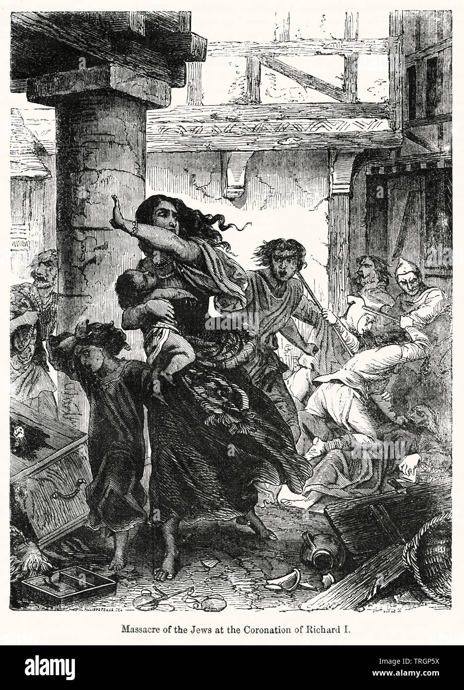 Il massacro degli ebrei all'Incoronazione di Richard I, illustrazione da John Cassell è illustrata la storia dell'Inghilterra, Vol. Ho fin dai primissimi tempi al regno di Edward il quarto, Cassell Petter e Galpin, 1857 Foto Stock