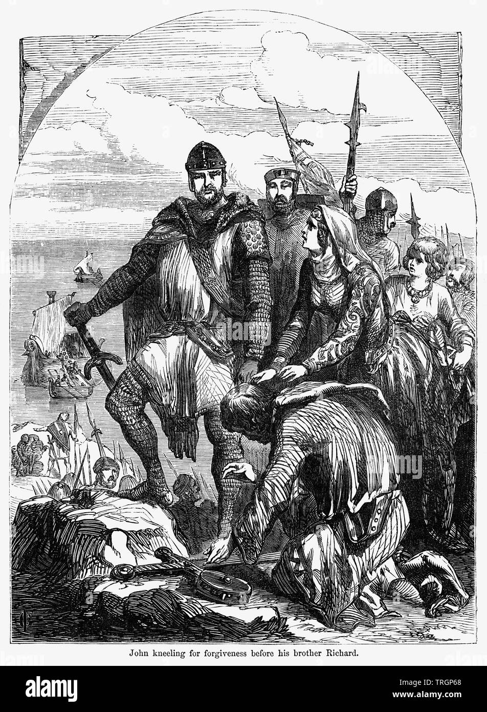 Giovanni in ginocchio per il perdono prima di suo fratello Richard, Illustrazione da John Cassell è illustrata la storia dell'Inghilterra, Vol. Ho fin dai primissimi tempi al regno di Edward il quarto, Cassell Petter e Galpin, 1857 Foto Stock