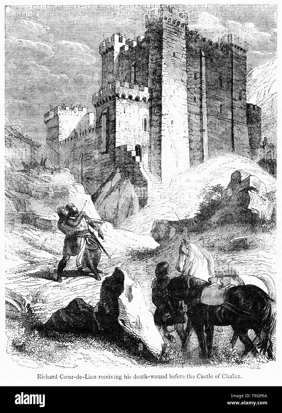 Richard Coeur de Lion ricevendo la sua morte-avvolto prima che il castello di Chaluz, Illustrazione da John Cassell è illustrata la storia dell'Inghilterra, Vol. Ho fin dai primissimi tempi al regno di Edward il quarto, Cassell Petter e Galpin, 1857 Foto Stock