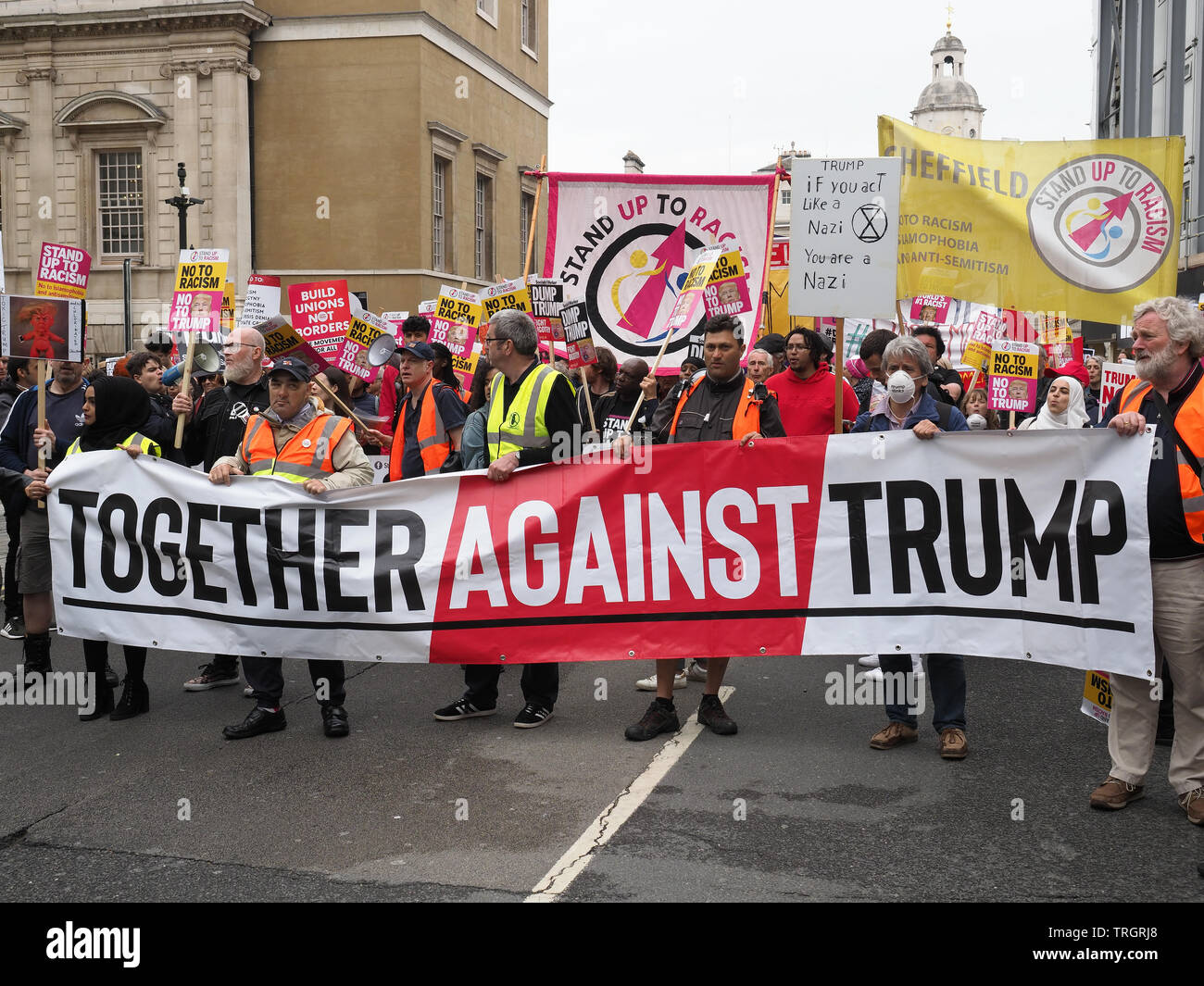 Capo di una marcia anti-razzismo che protestava a Londra contro la visita del presidente Donald Trump a Londra nel giugno 2019 Foto Stock