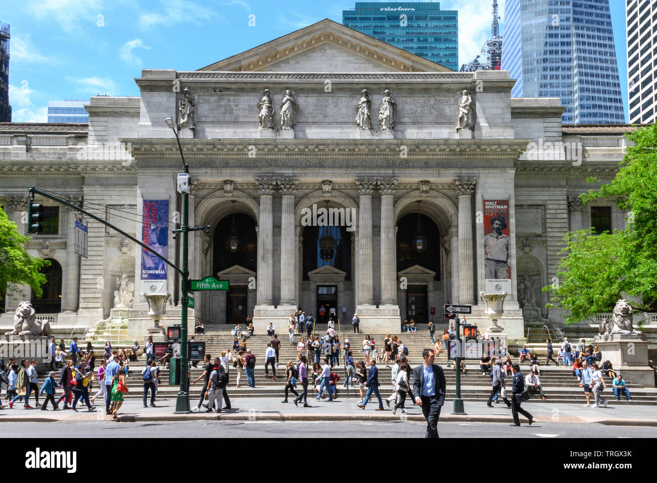 New York, Stati Uniti d'America, 21 maggio 2019. L'ingresso principale della Biblioteca Pubblica di New York nella Fifth Avenue. Credito: Enrique Shore/Alamy Stock Photo Foto Stock