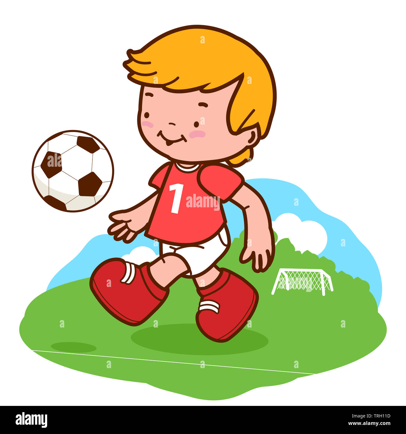 Illustrazione di un bambino felice gioca a calcio al campo di calcio. Foto Stock