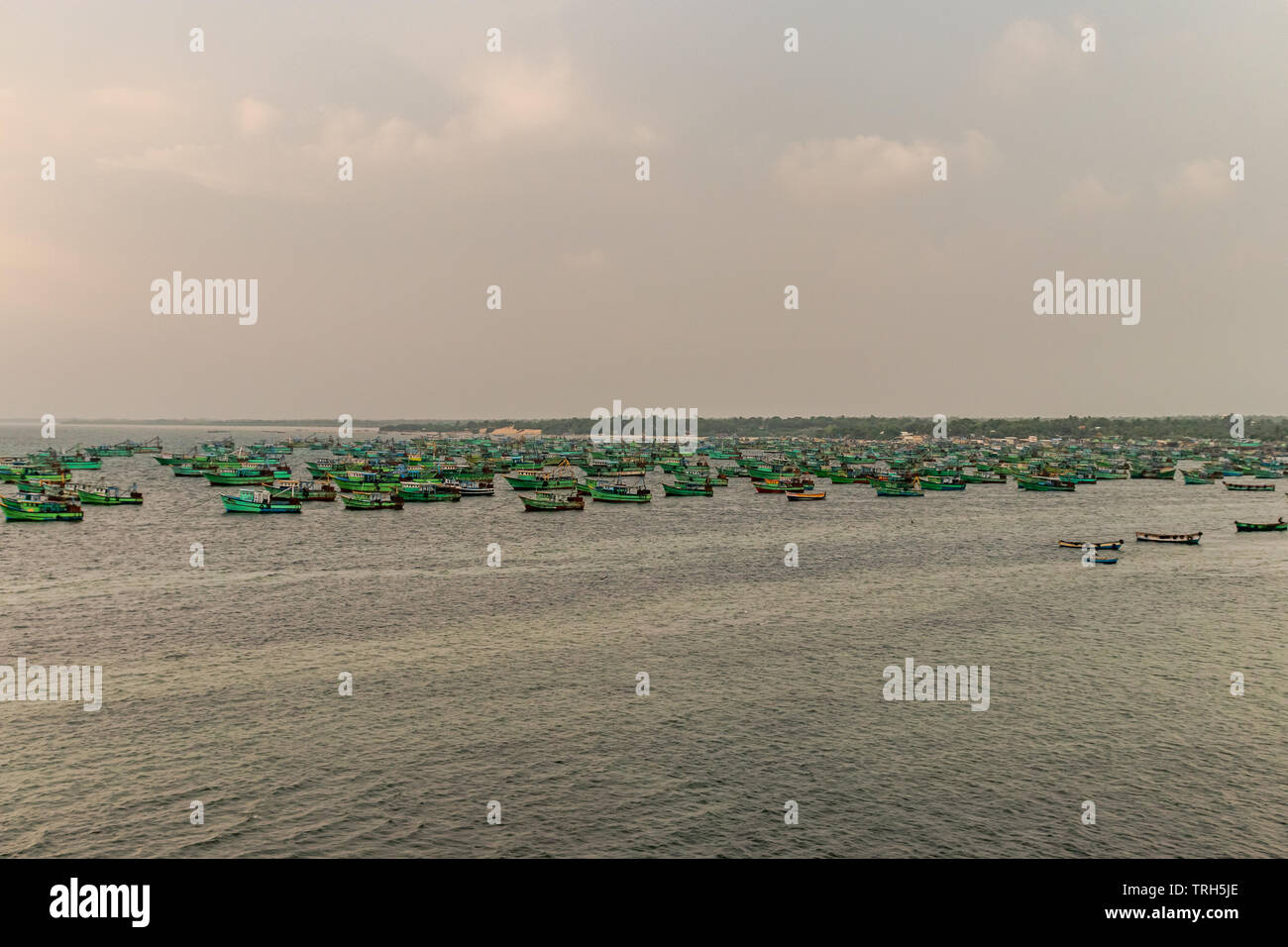 Barche da pesca sono ancorate in mare a rameswaram india. Immagine viene preso forma lontano con un ampio aspetto di barche, il mare e il cielo. Foto Stock